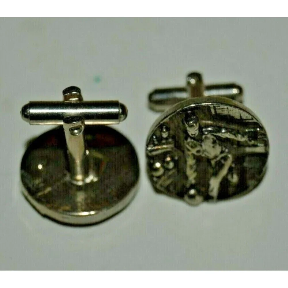 Vintage Large Silver Tone 3D Bowling Bowler Round Cuff Links Tie Bar Set RARE